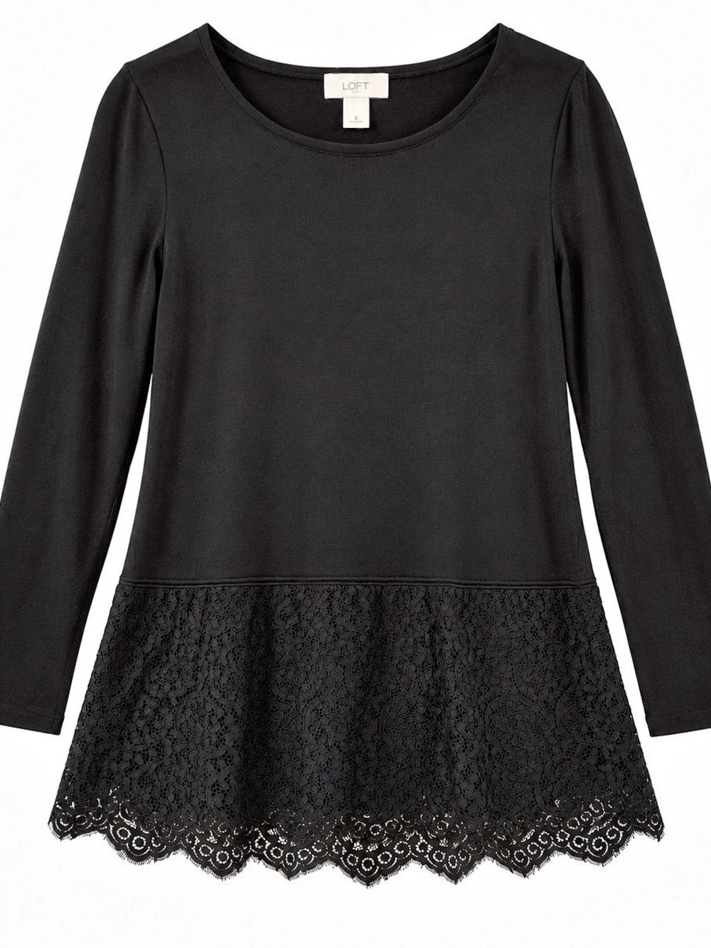 LOFT Black Lace Hem Long Sleeve Top Tunic Size S